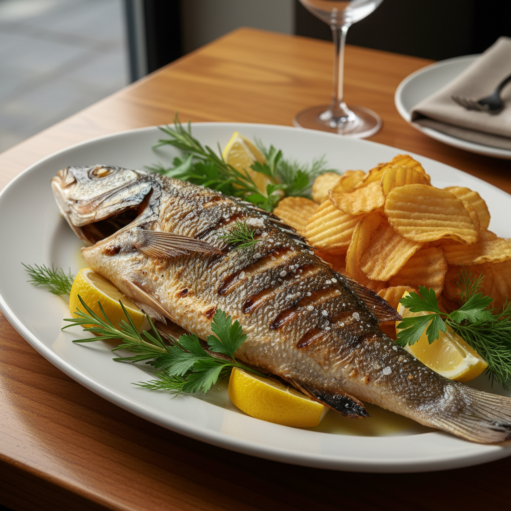 Big roasted fish on a plate, with little potato chips as side
