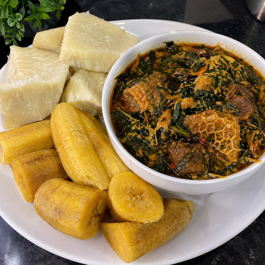 Boiled Plantain & Yam With Vegetable (Or egg Sauce)
