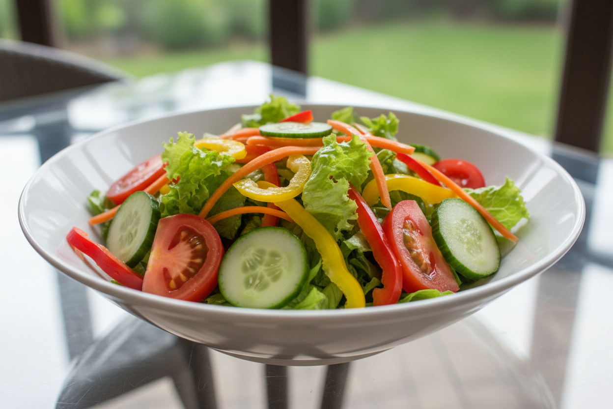 A bowl of vegetable salad on a clear table
