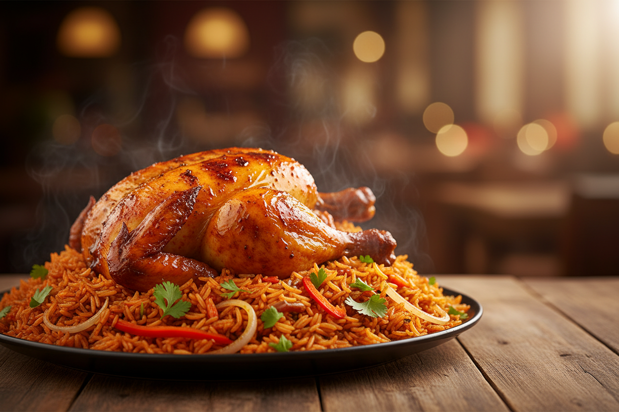 delicious and mouh watering jollof rice meal with roasted chicken to serve as background for the the Hero