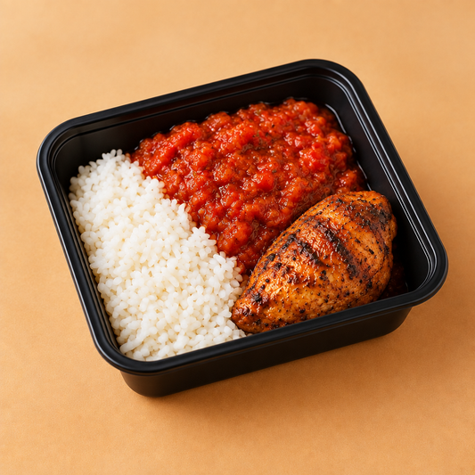 Potily Student Pack White Rice with stew and grilled chicken in a rectangular microwaveable takeaway container
