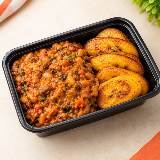 Bright Potily Student Pack Beans Porridge with fried plantain in a rectangular microwaveable takeaway container