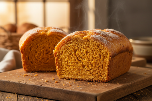 Sliced Potily Orange Bread showing golden-orange crumb made with Orange-Fleshed Sweet Potato