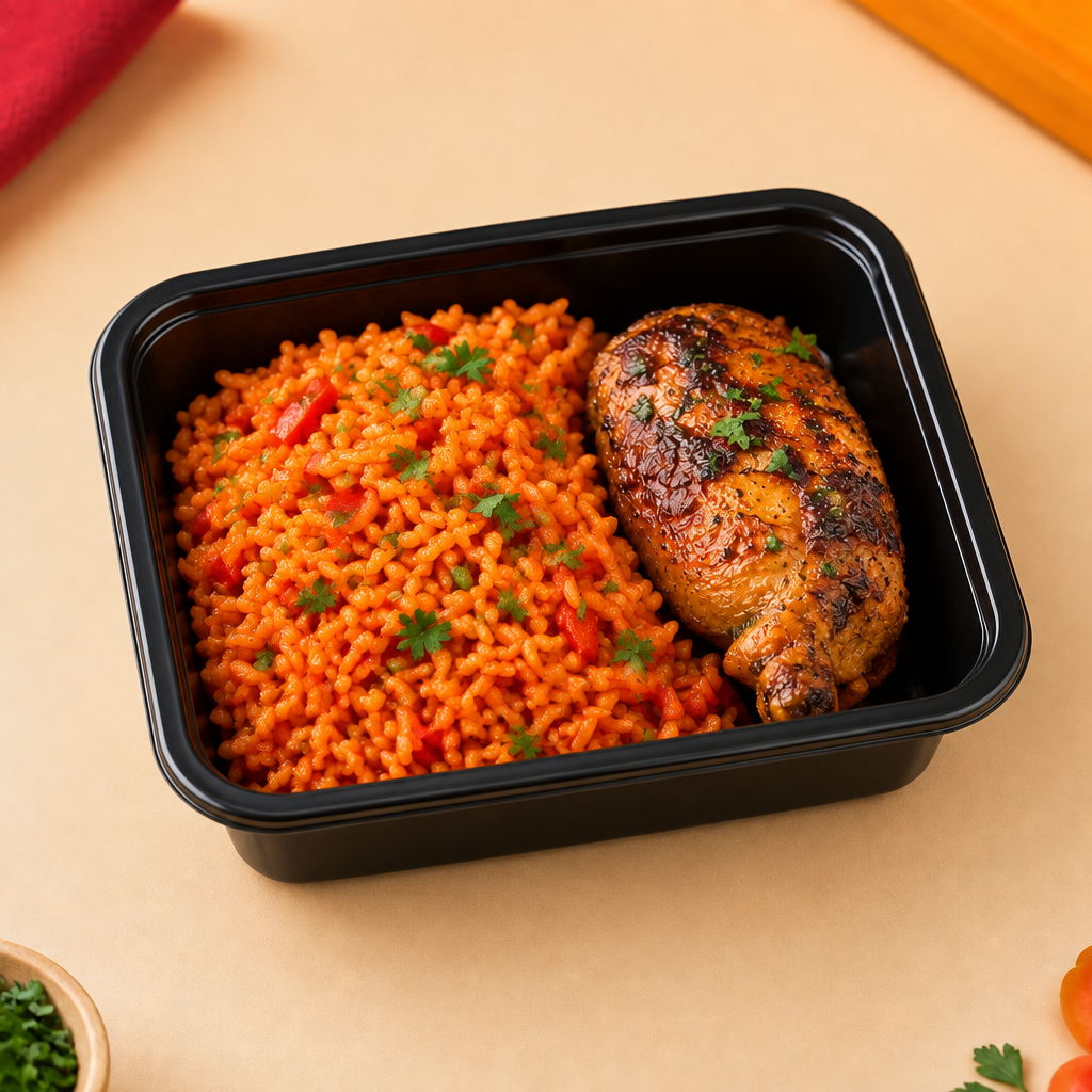 Potily Student Pack Jollof Rice with grilled chicken in a rectangular microwaveable takeaway container