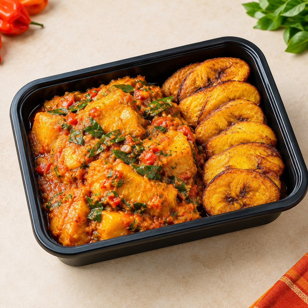 Bright Potily Student Pack Yam Porridge with fried plantain in a rectangular microwaveable takeaway container