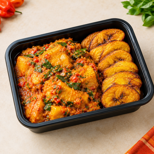 Bright Potily Student Pack Yam Porridge with fried plantain in a rectangular microwaveable takeaway container