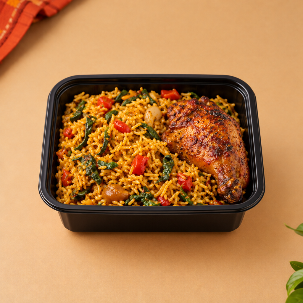 Potily Student Pack Native Rice with vegetables and grilled chicken in a rectangular microwaveable takeaway container