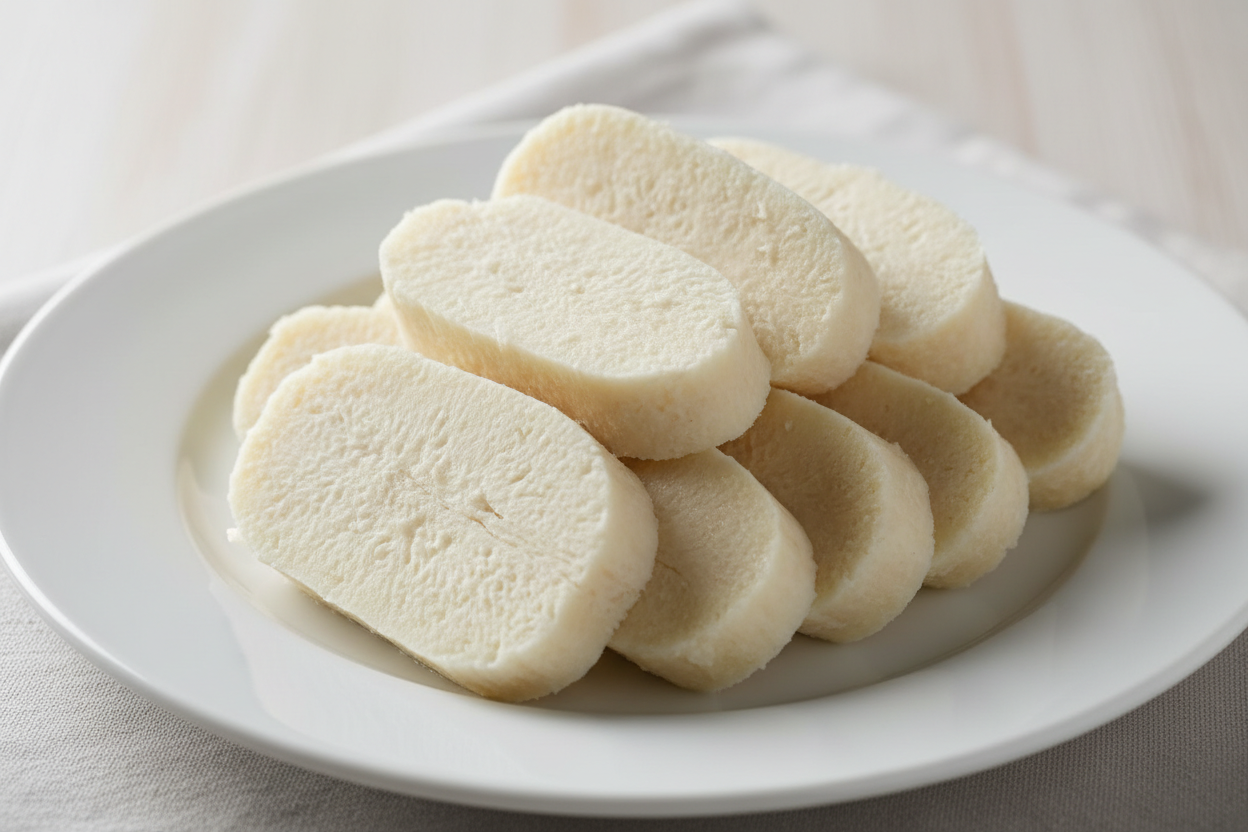 sliced boiled-cooked yam served on a plain white plate